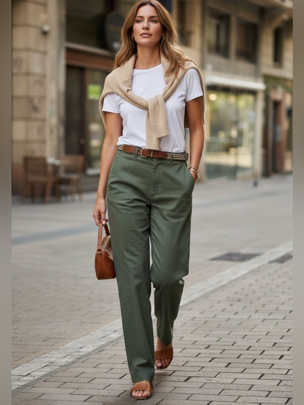 Vintage Sears Chino High-Rise Straight-Leg Earthy Sage Green Belted Pants